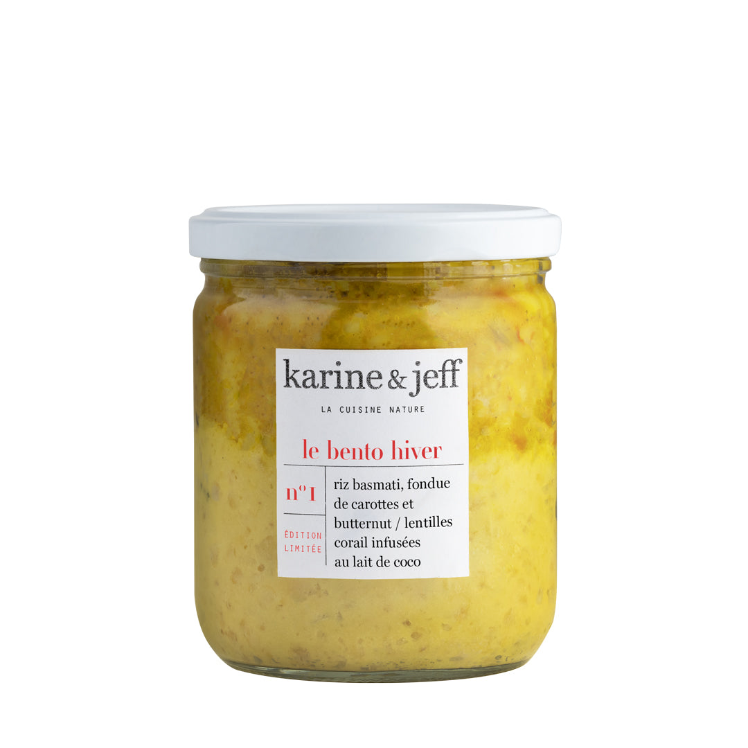 Karine & Jeff -- Bento collection hiver -  riz basmati, fondue de carottes et butternut, lentilles corail infusées au lait de coco - 350g