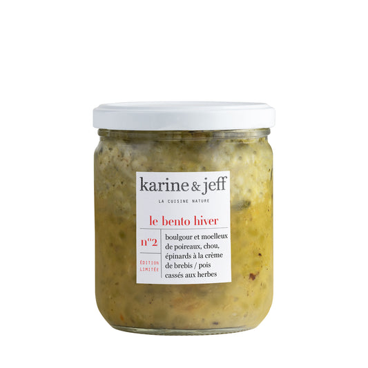 Karine & Jeff -- Bento collection hiver printemps -  boulgour et moelleux de poireaux, chou, épinards à la crème de brebis, pois cassés aux herbes - 350g